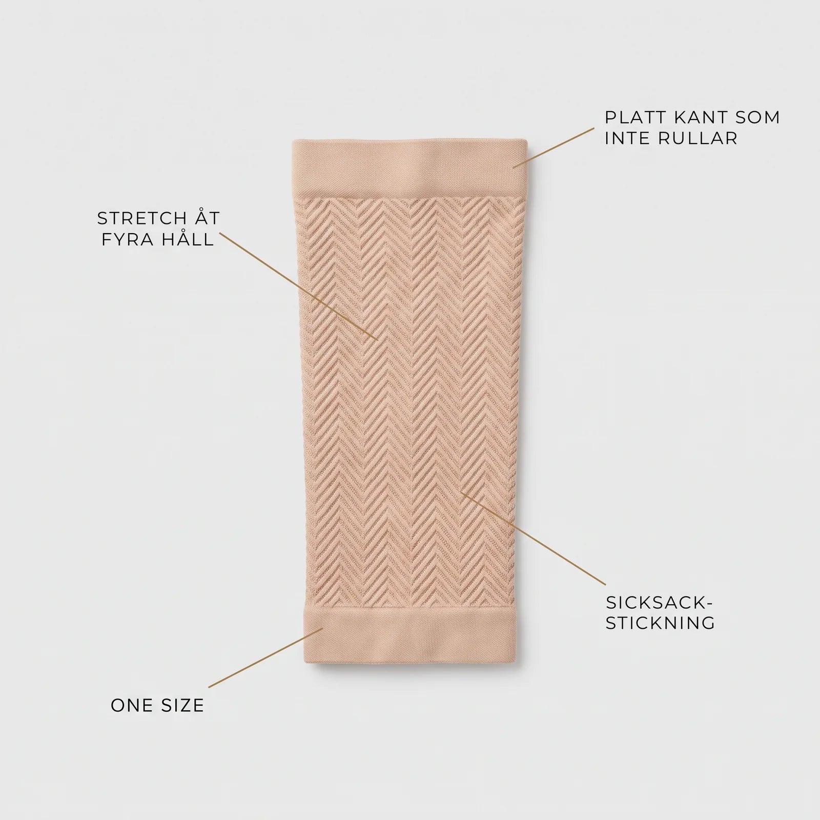 Detaljer på beige Sculpt™ armärm: stretch åt fyra håll, platt kant som inte rullar, sicksackstickning, one size