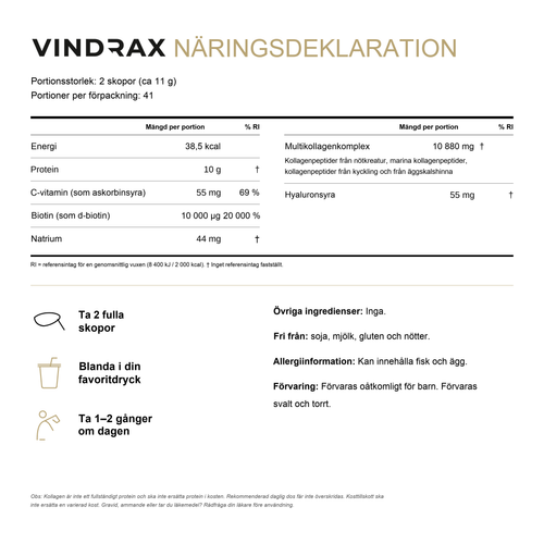 Näringsdeklaration för Vindrax Multi Collagen Peptides